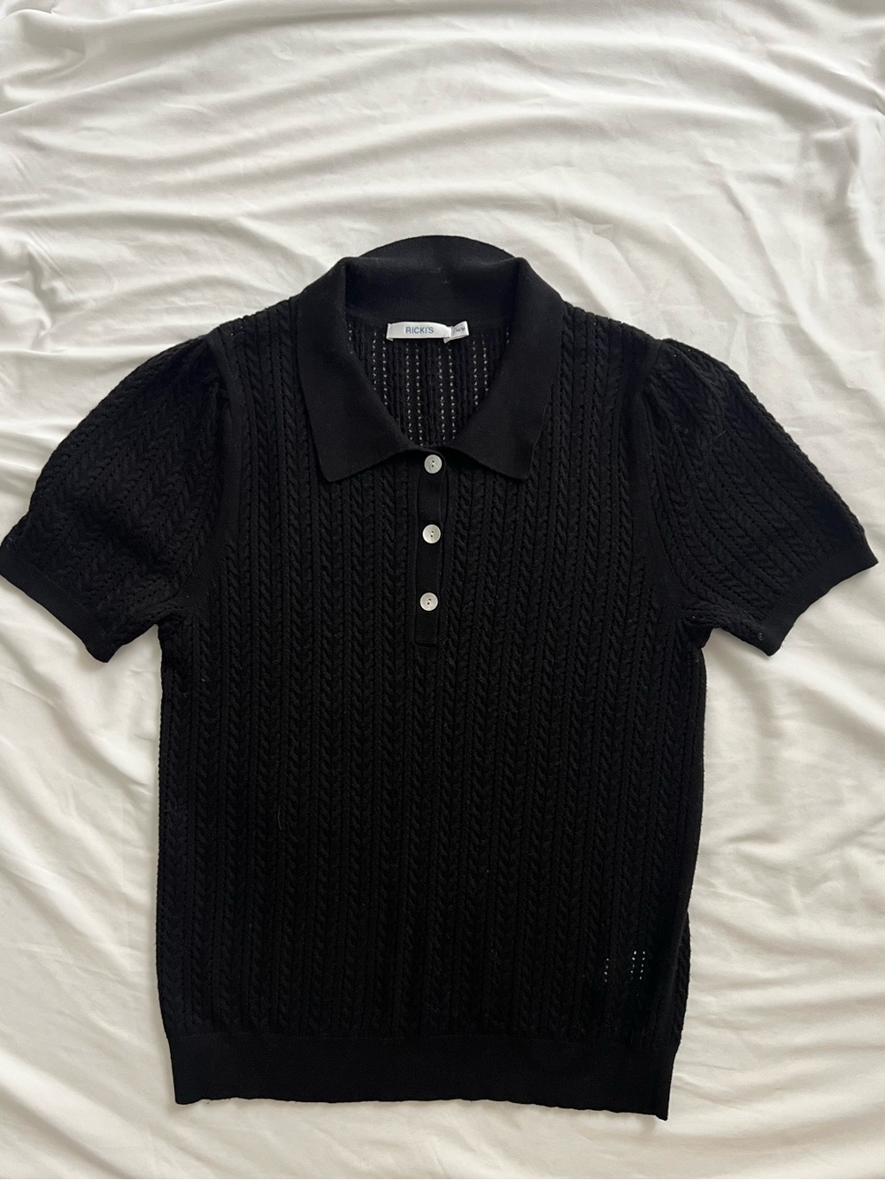 Black Knit Polo Top with mother of pearl buttons size medium cotton, euro summer